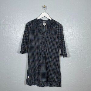 G-Star Raw Women L Black Gray Houndstooth Tunic Blouse 1/2 Button Front